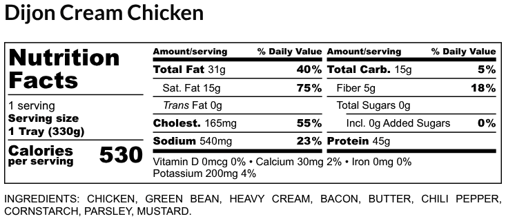 Nutritional Facts - Dijon Cream Chicken 6oz